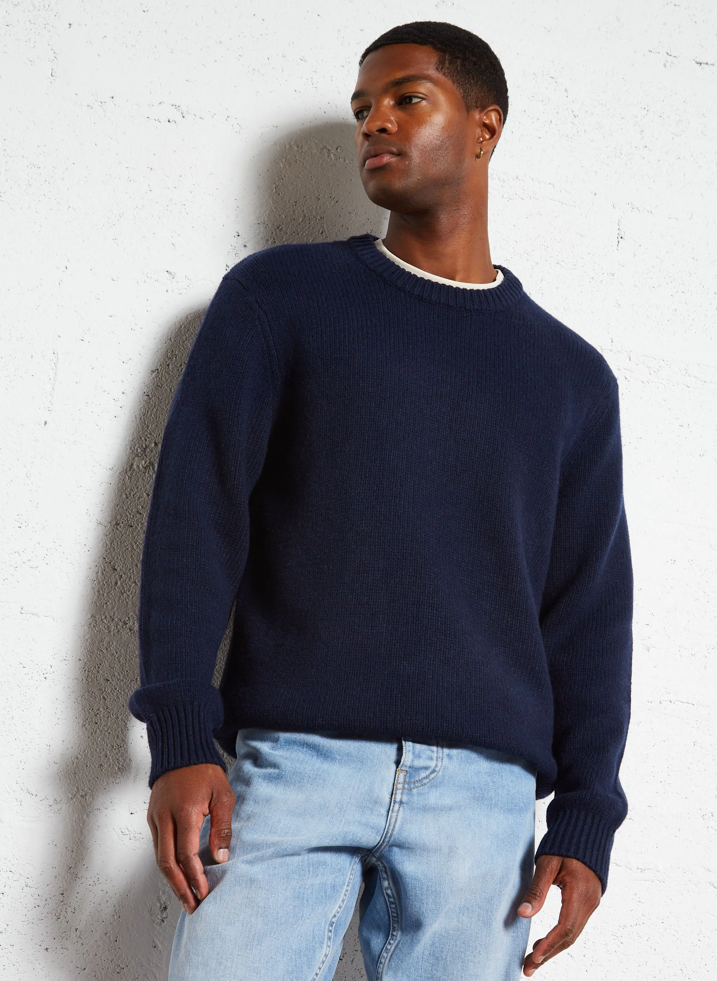 SELECTED CODY - Jersey recto de mezcla de lana con cuello redondo en azul
