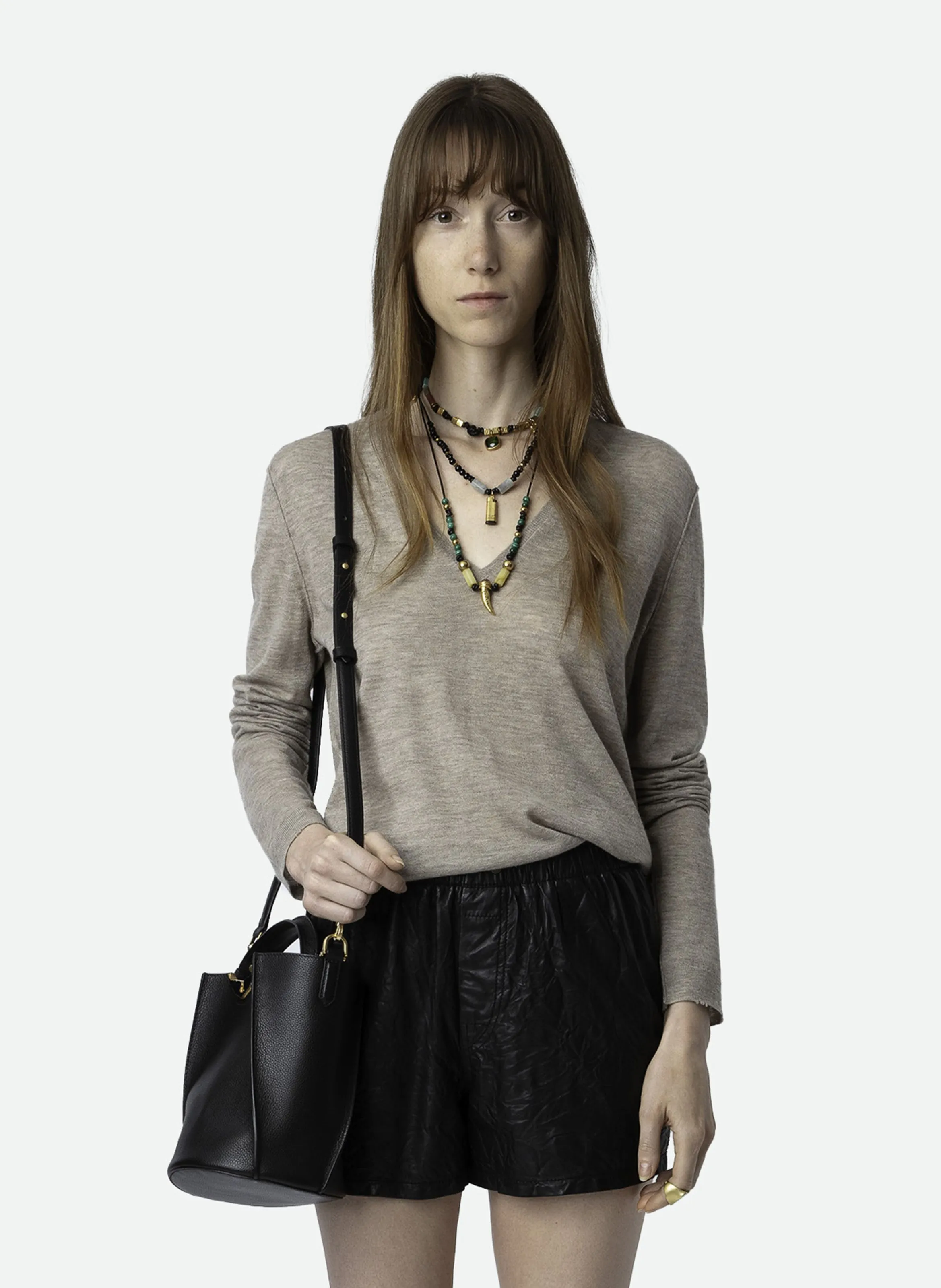 ZADIG&VOLTAIRE RIVY - Jersey recto de cachemira con cuello de pico en beige