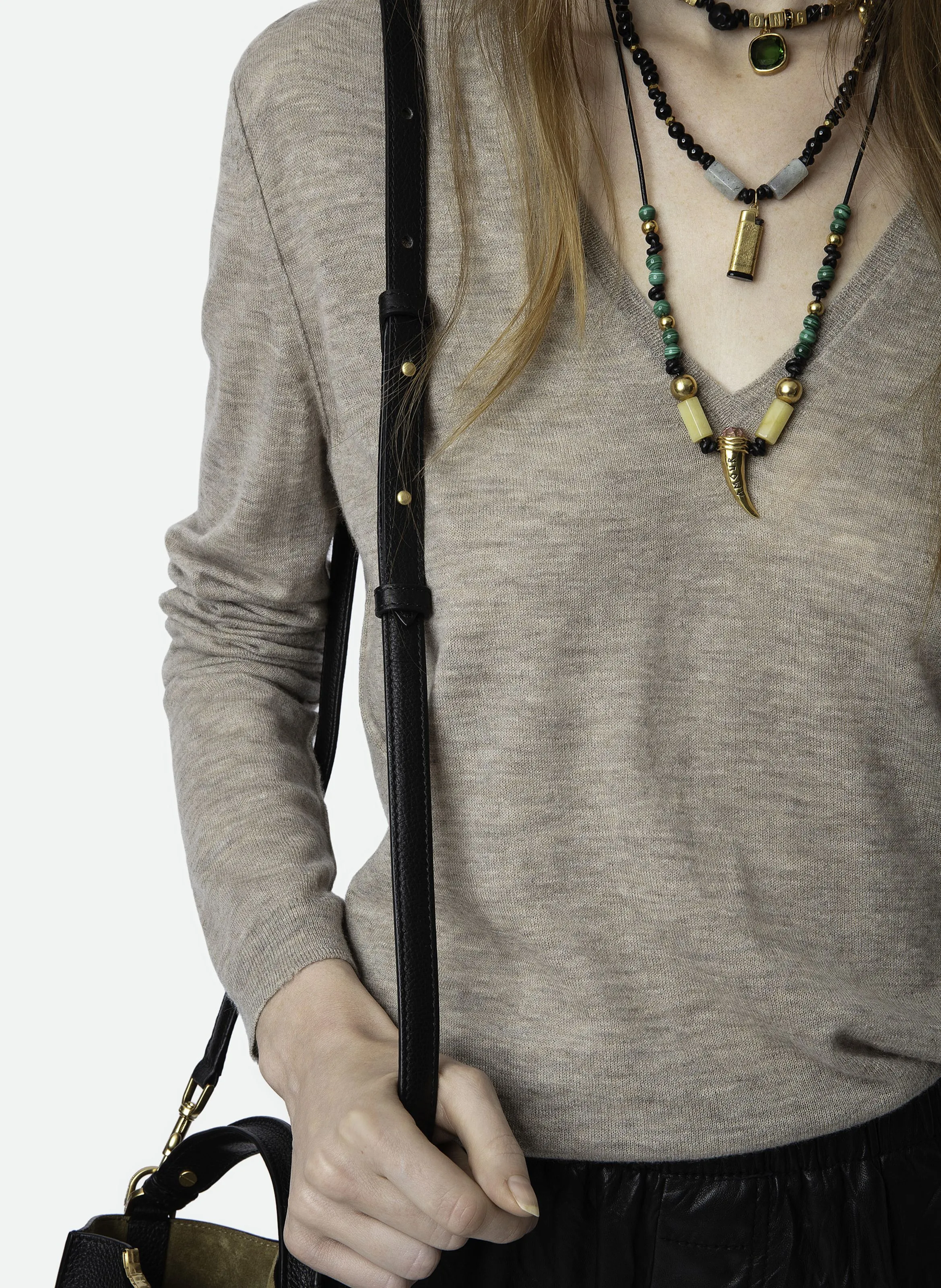 ZADIG&VOLTAIRE RIVY - Jersey recto de cachemira con cuello de pico en beige