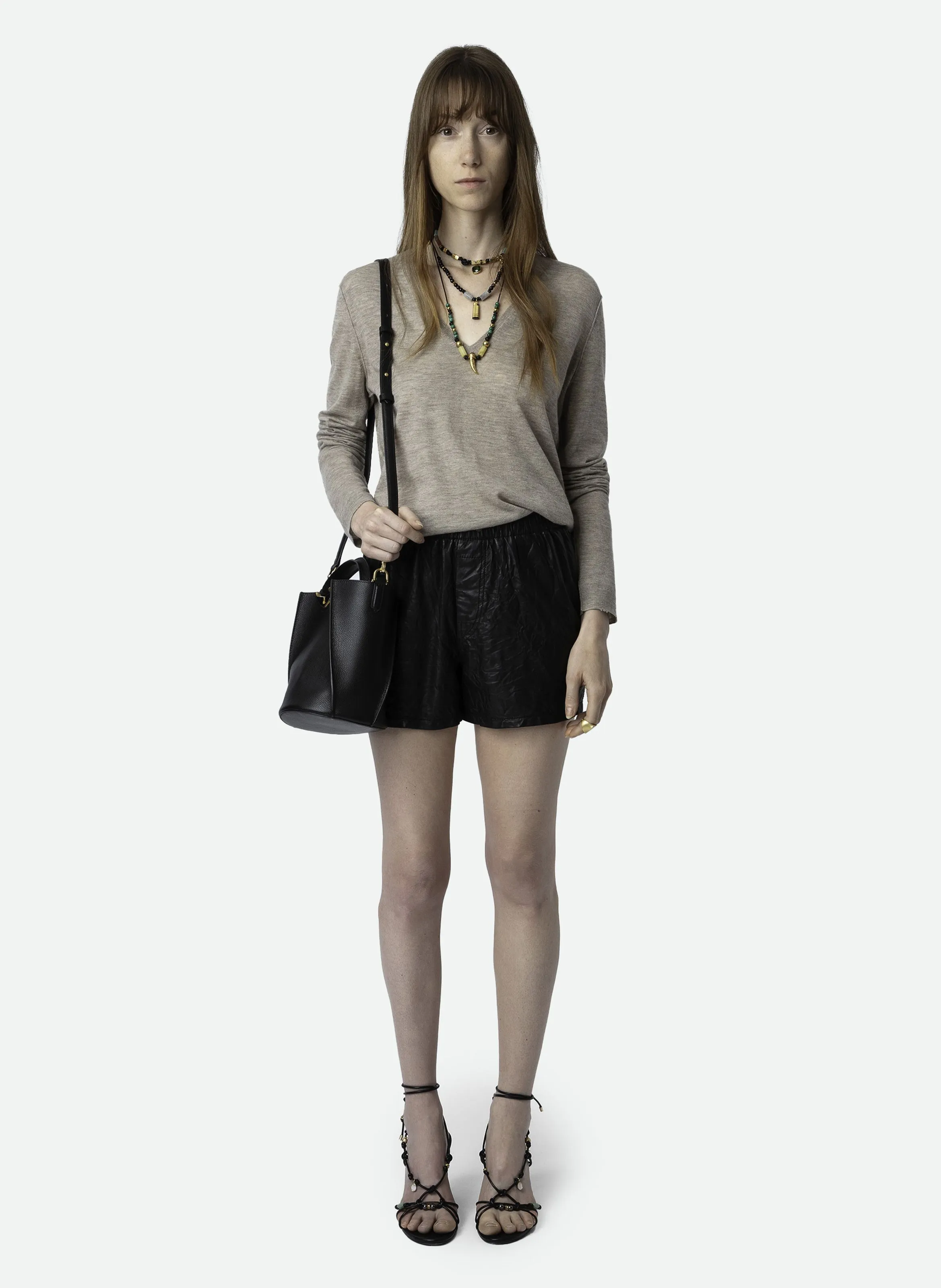 ZADIG&VOLTAIRE RIVY - Jersey recto de cachemira con cuello de pico en beige